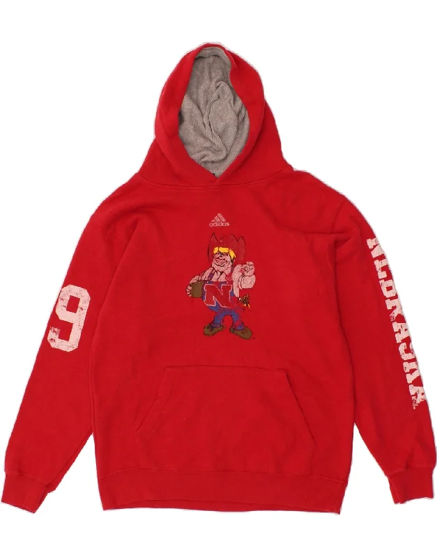 ADIDAS Boys Graphic Hoodie Jumper 14-15 Years Large Red Cotton Hoodie with Set-In Sleeves Structured Classic