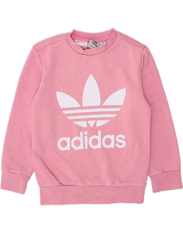 ADIDAS Girls Graphic Sweatshirt Jumper 4-5 Years Pink Cotton Hoodie with Contrast Stitching Detailed Premium