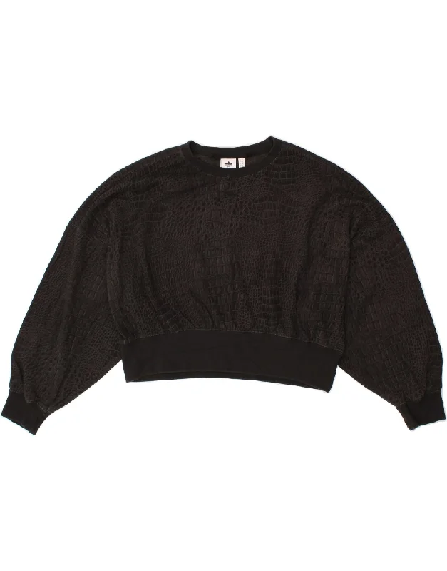 ADIDAS Womens Oversized Crop Sweatshirt Jumper UK 10 Small Black Hoodie with Fur Luxurious Winter
