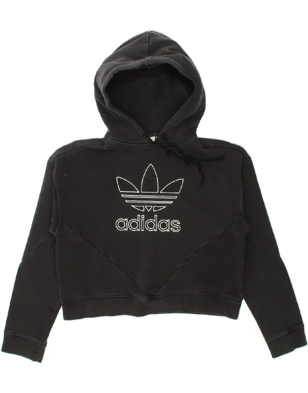 ADIDAS Womens Oversized Graphic Crop Hoodie Jumper UK 8 Small Black Cotton Hoodie with Embroidery Detailed Premium