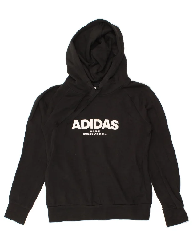 ADIDAS Womens Oversized Graphic Hoodie Jumper UK 4/6 XS Black Cotton Hoodie with Emblem Brand Identity