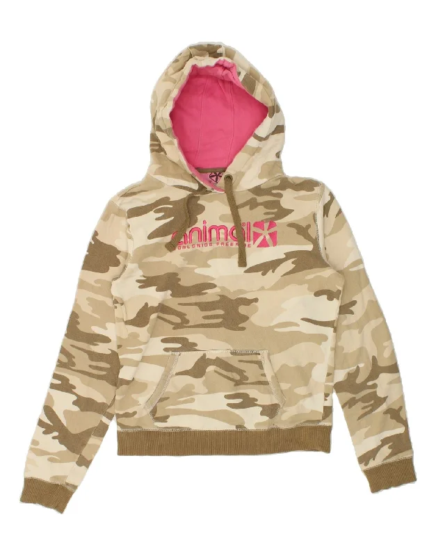 ANIMAL Womens Graphic Hoodie Jumper UK 12 Medium Beige Camouflage Cotton Hoodie Crop Top Short Trendy