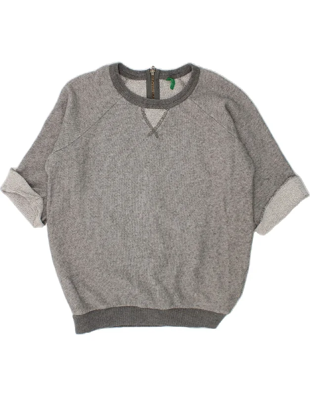 BENETTON Girls Short Sleeve Sweatshirt Jumper 6-7 Years Small Grey Cotton Hoodie with Hem Drawcord Adjustable Customizable