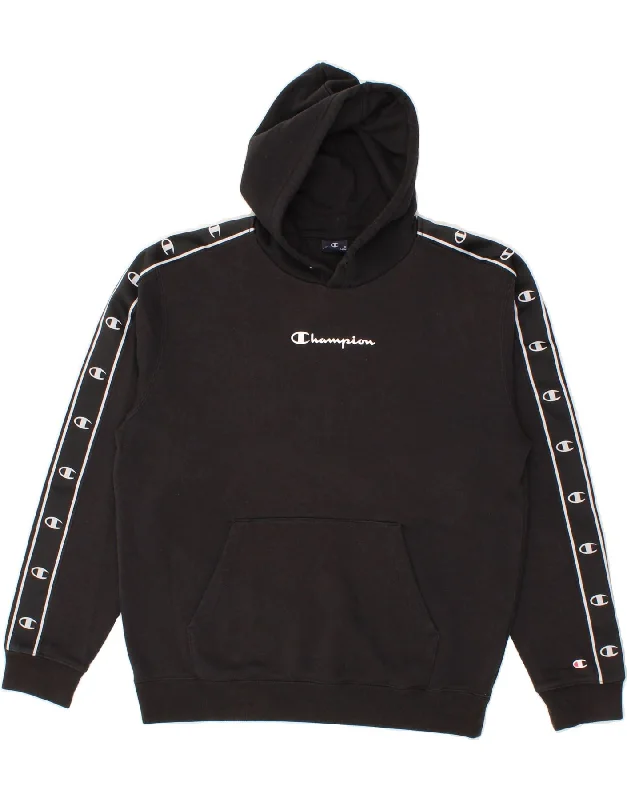 CHAMPION Mens Graphic Hoodie Jumper Large Black Cotton Hoodie with Hem Lace Feminine Delicate
