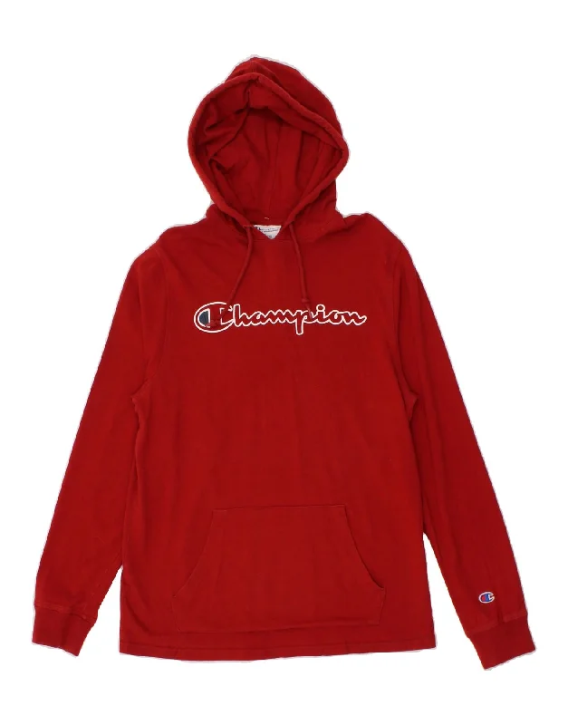 CHAMPION Mens Graphic Hoodie Jumper Medium Red Cotton Hoodie with Slit Hem Functional Movement