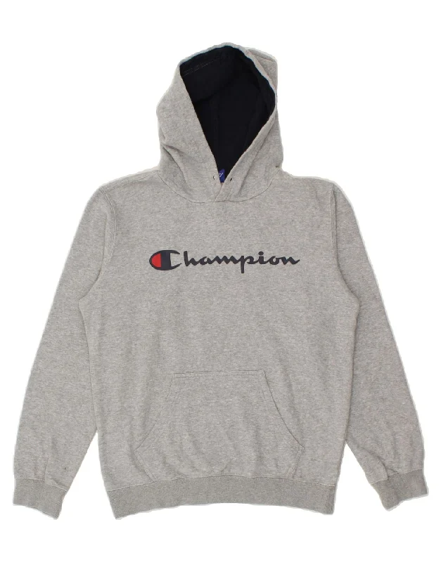 CHAMPION Mens Graphic Hoodie Jumper Small Grey Cotton Hoodie with Thumb Holes Functional Cozy