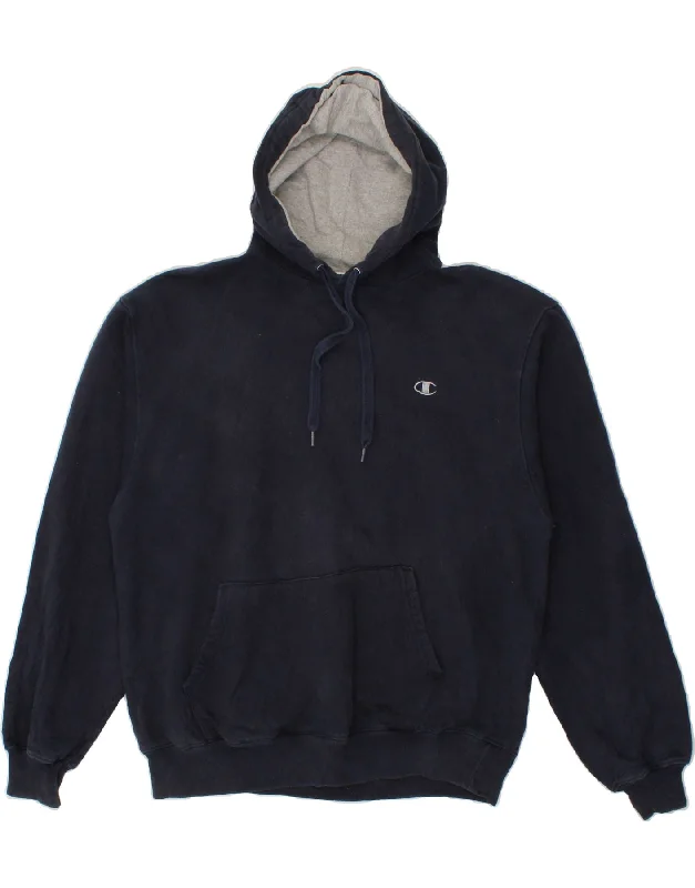 CHAMPION Mens Hoodie Jumper Large Navy Blue Alpaca Wool Hoodie with Drawstring Waist Adjustable Fitted