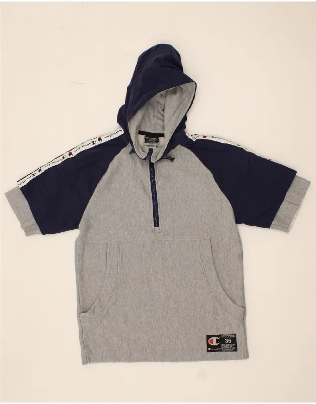 CHAMPION Mens Short Sleeve Zip Neck Hoodie Jumper Small Grey Colourblock Hoodie with Hem Fringe Bohemian Relaxed
