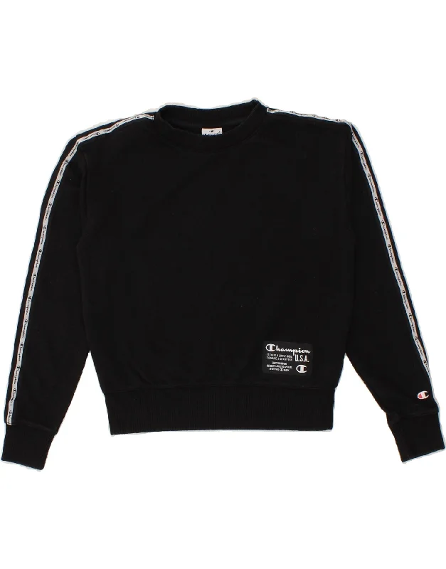 CHAMPION Womens Graphic Sweatshirt Jumper UK 10 Small Black Cotton Hoodie with Rolled Sleeves Casual Relaxed