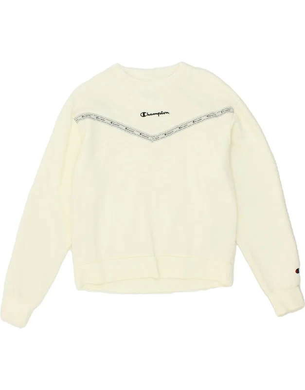 CHAMPION Womens Graphic Sweatshirt Jumper UK 10 Small Off White Cotton Hoodie with Cropped Fit Short Trendy