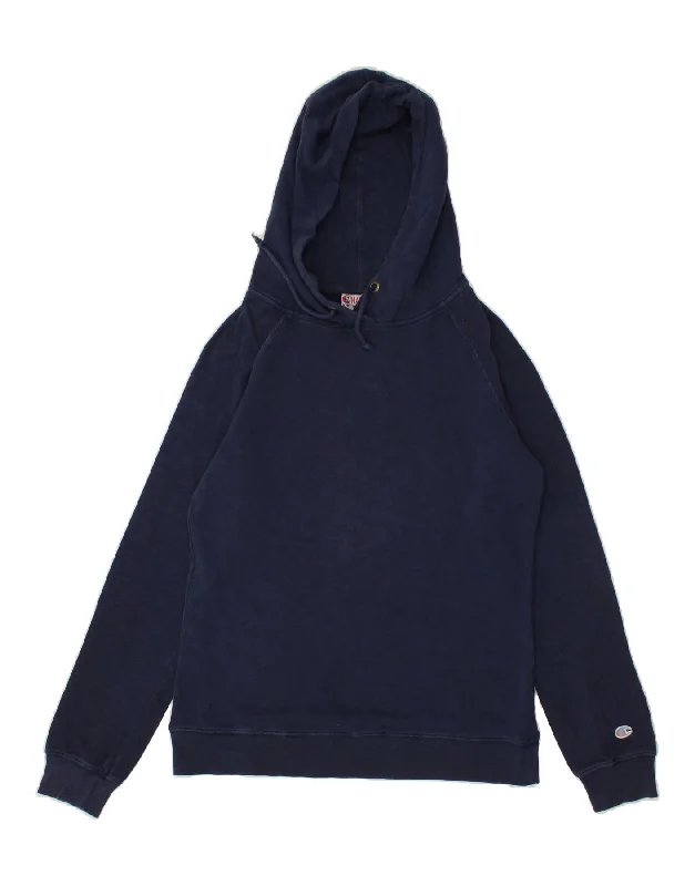 CHAMPION Womens Hoodie Jumper UK 16 Large Navy Blue Hoodie with Hem Lace Feminine Delicate