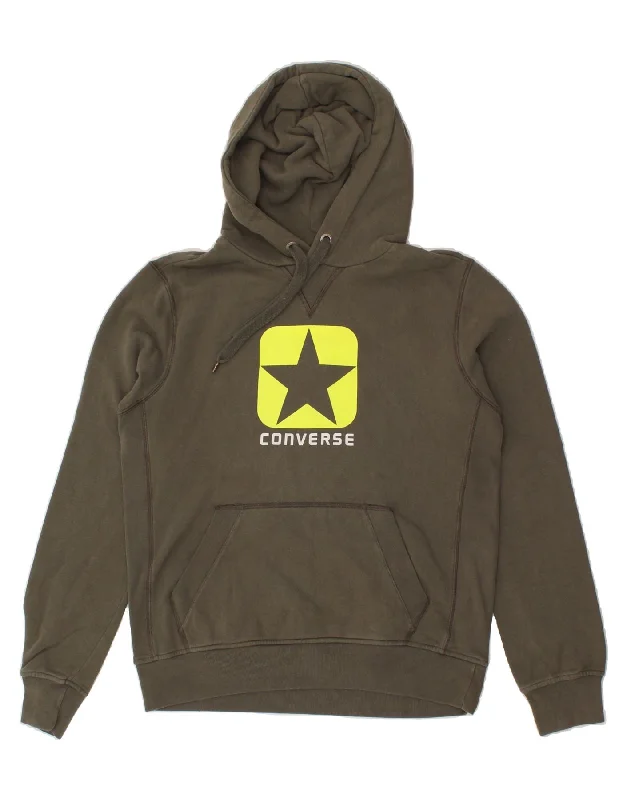 CONVERSE Mens Graphic Hoodie Jumper Medium Khaki Cotton Hoodie with Raglan Sleeves Sporty Comfortable