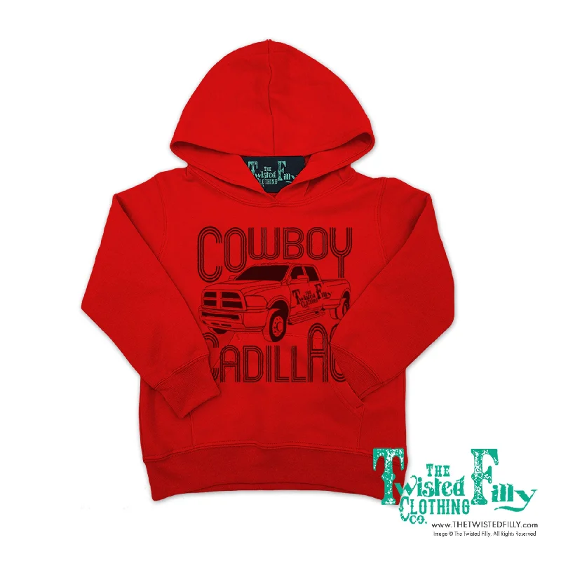 Cowboy Cadillac - Adult Hoodie - Red Hoodie with Button Classic Timeless