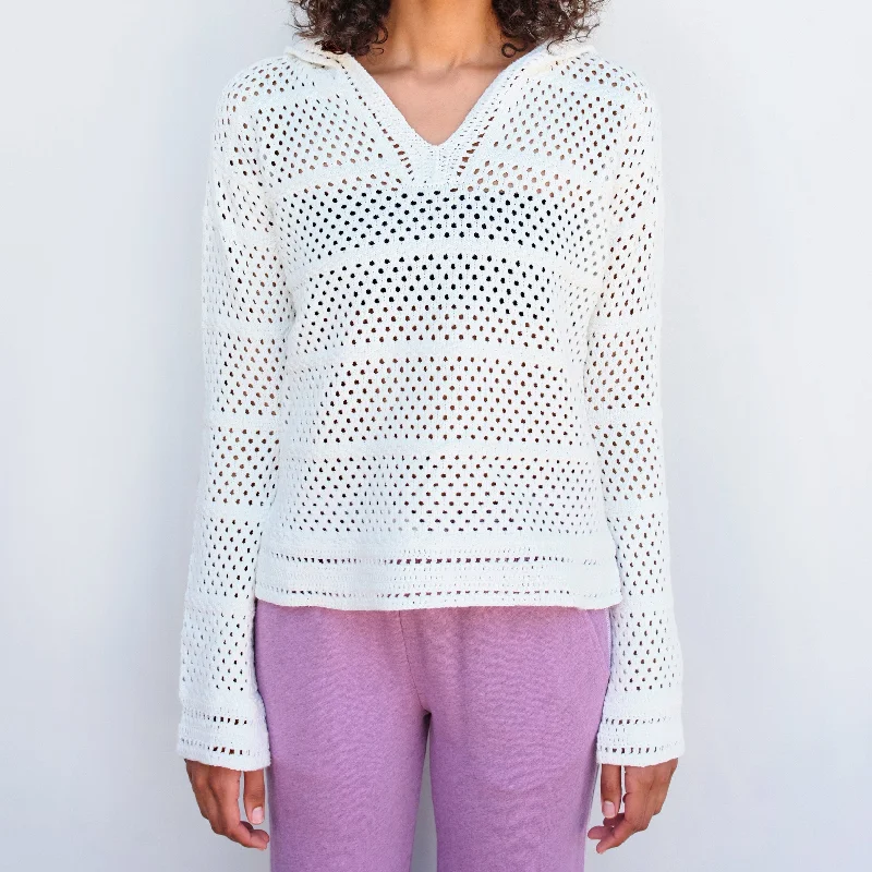 Crochet Beach Hoodie | White Hoodie with Tied Waist Feminine Flattering