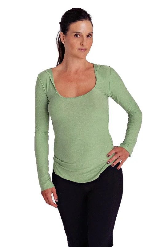 Deep Scoop Neck Long Sleeve Hoodie Top (Bamboo Green) Hoodie with Hem Patch Decorative Personalized