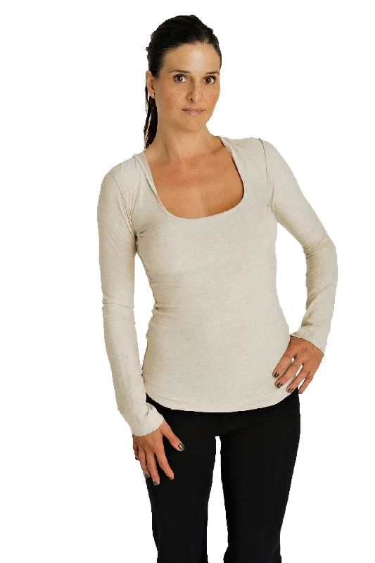 Deep Scoop Neck Long Sleeve Hoodie Top (Sand Beige) Hoodie with Hem Applique Textured Unique