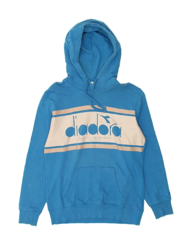 DIADORA Mens Graphic Hoodie Jumper Medium Blue Colourblock Cotton Hoodie with Hem Frayed Vintage Worn
