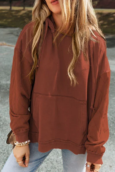 Drawstring Kangaroo Pocket Dropped Shoulder Ladies Hoodie Hoodie with High-Low Hem Asymmetrical Trendy
