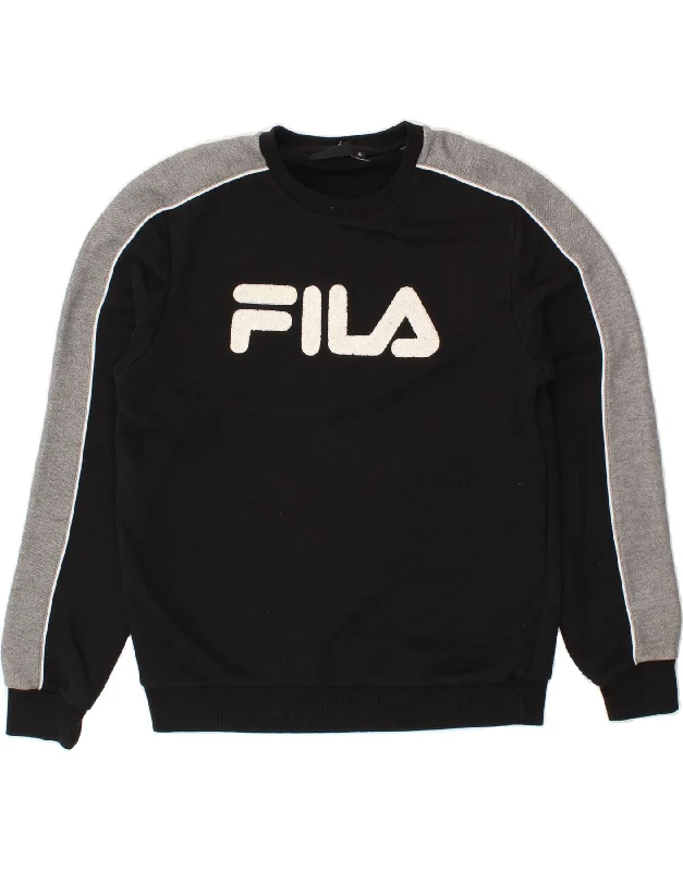 FILA Mens Graphic Sweatshirt Jumper Large Black Colourblock Cotton Hoodie with Oversized Fit Loose Comfortable