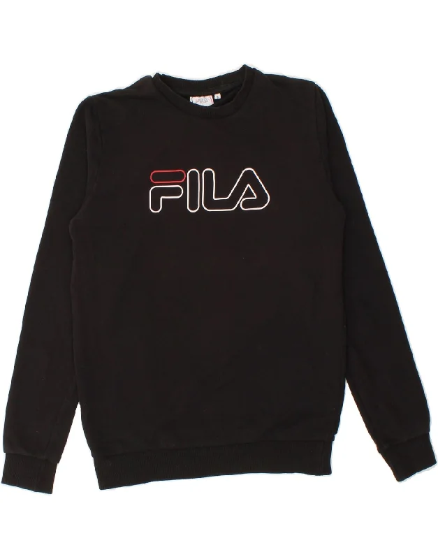 FILA Mens Graphic Sweatshirt Jumper Small Black Cotton Hoodie with Hem Fringe Bohemian Relaxed