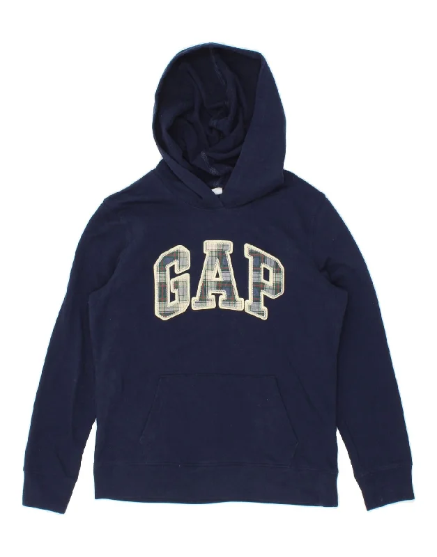 GAP Womens Graphic Hoodie Jumper UK 6 XS Navy Blue Cotton Hoodie with Batwing Sleeves Loose Dramatic