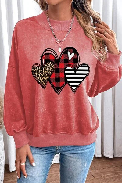 Heart Round Neck Dropped Shoulder Ladies Sweatshirt Hoodie with Metallic Shiny Futuristic