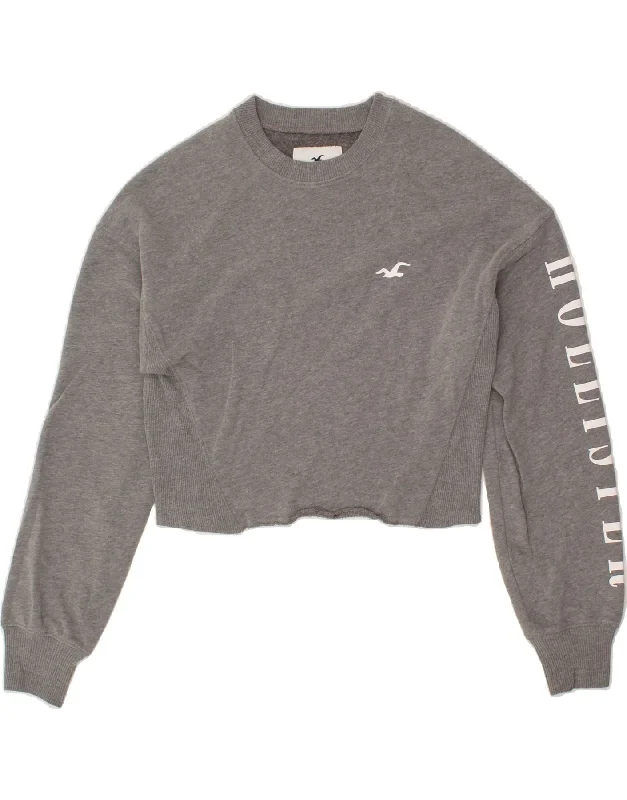 HOLLISTER Womens Graphic Crop Sweatshirt Jumper UK 6 XS Grey Cotton Hoodie with Zipper Versatile Modern