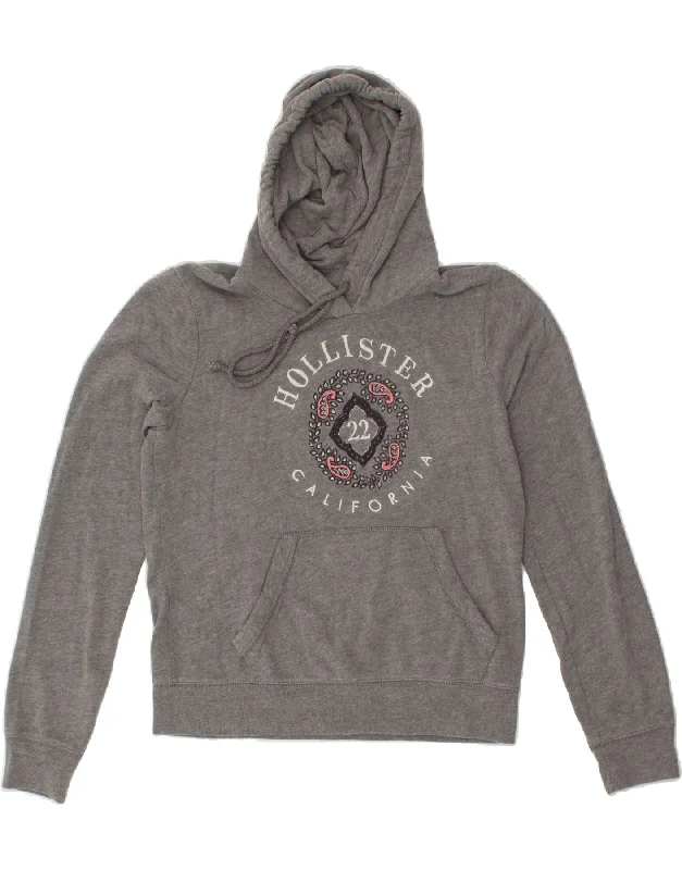 HOLLISTER Womens Graphic Hoodie Jumper UK 14 Medium Grey Cotton Hoodie with Ribbed Cuffs Snug Fit Comfort