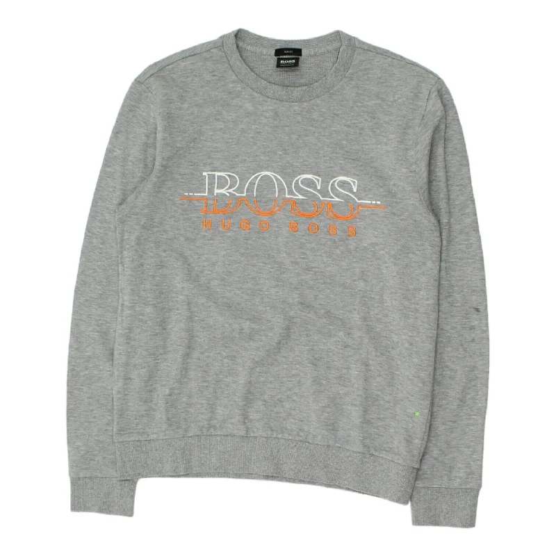 Hugo Boss Mens Grey Crew Neck Spellout Sweatshirt | Vintage High End Designer Hoodie with Magnetic Closure Innovative Modern