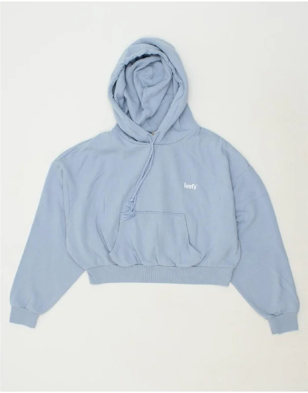 LEVI'S Womens Crop Hoodie Jumper UK 16 Large Blue Cotton Hoodie with Bell Sleeves Flared Feminine