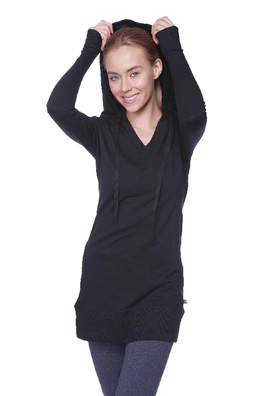 Women's Long Body Hoodie Top (Solid Black) Hoodie with Magnetic Closure Innovative Modern