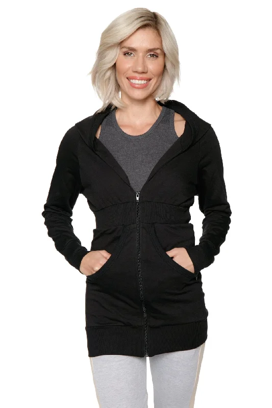 Zip-up Long Body Travel-ready Hoodie (Black) Hoodie with Contrast Stitching Detailed Premium