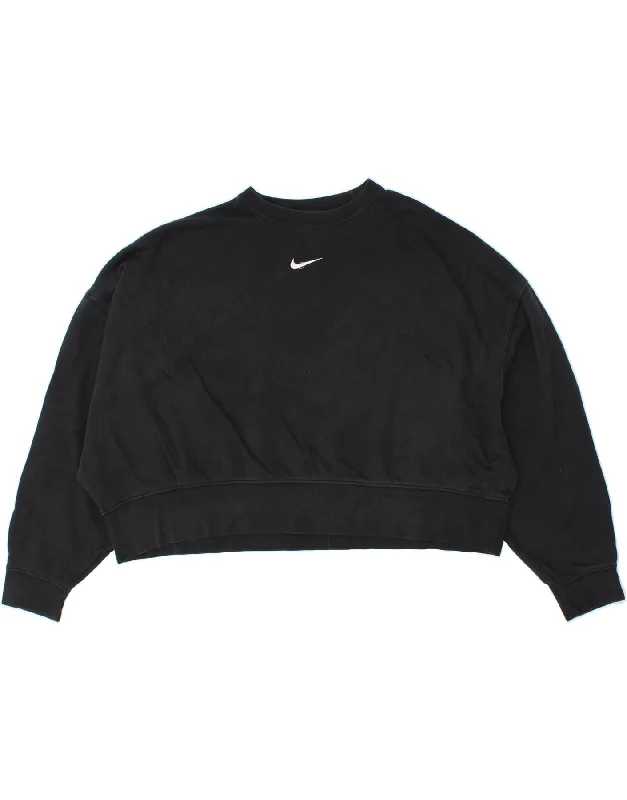 NIKE Womens Crop Sweatshirt Jumper UK 16 Large Black Cotton Hoodie with Contrast Stitching Detailed Premium