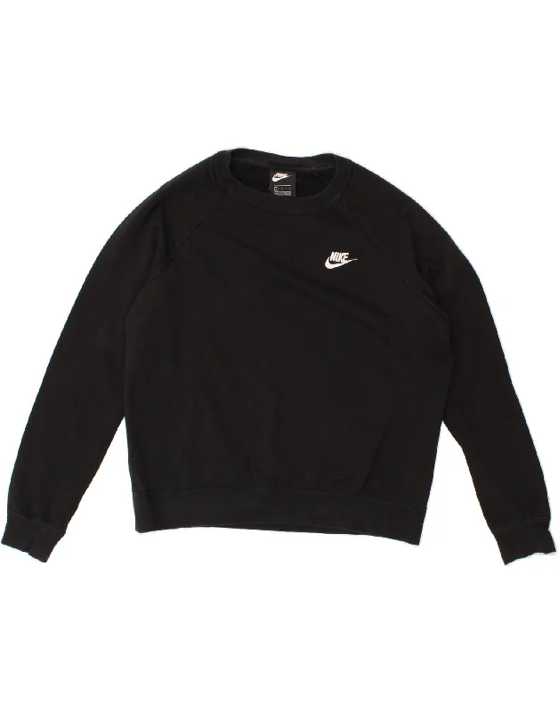 NIKE Womens Sweatshirt Jumper UK 14 Medium Black Cotton Hoodie with Applique Textured Unique