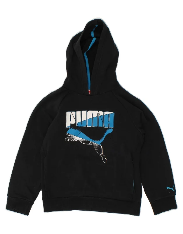 PUMA Boys Graphic Hoodie Jumper 9-10 Years Medium Black Hoodie with Frayed Bohemian Relaxed