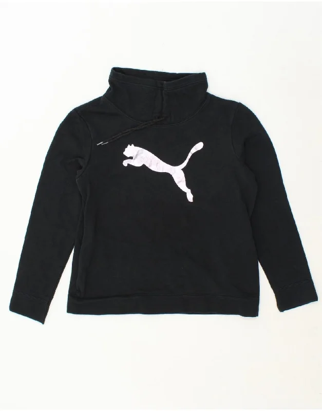 PUMA Womens Graphic Sweatshirt Jumper UK 14 Medium  Black Cotton Hoodie with Button Placket Classic Preppy