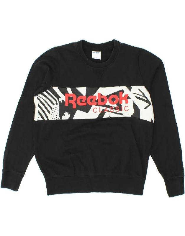 REEBOK Womens Graphic Sweatshirt Jumper UK 8/10 Small Black Cotton Hoodie with Earth Tones Natural Calm