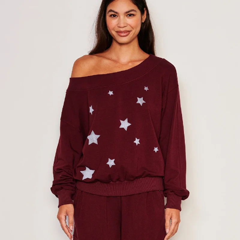 Stars Off The Shoulder Sweatshirt | Bordeaux Hoodie with Mesh Breathable Sporty