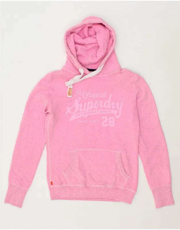 SUPERDRY Womens Graphic Hoodie Jumper UK 10 Small Pink Cotton Hoodie with Cuffed Sleeves Snug Secure