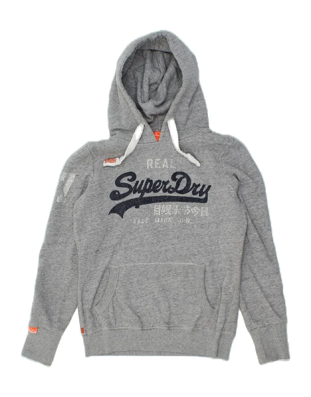 SUPERDRY Womens Oversized Graphic Hoodie Jumper UK 10 Small Grey Cotton Hoodie with Full-Zip Functional Layering