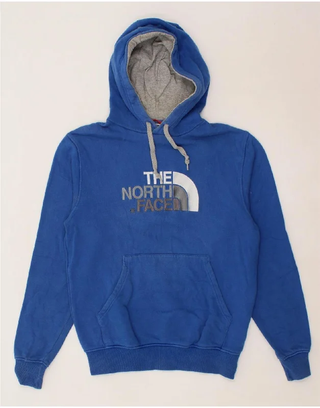 THE NORTH FACE Mens Graphic Hoodie Jumper Small Blue Cotton Hoodie with Puffed Sleeves Voluminous Trendy