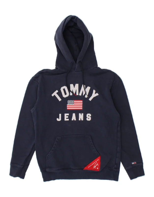 TOMMY HILFIGER Mens Graphic Hoodie Jumper XS Navy Blue Cotton Hoodie with Drawcord Adjustable Secure