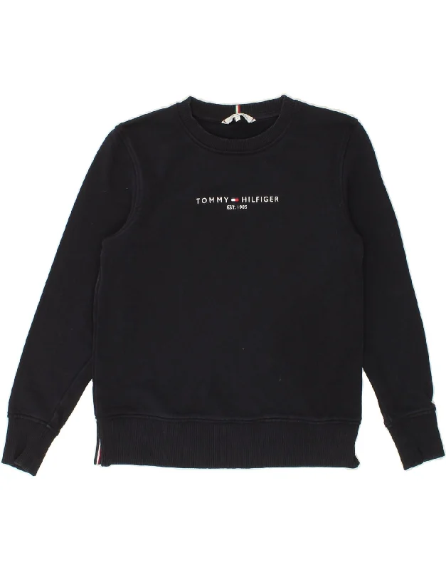 TOMMY HILFIGER Womens Graphic Sweatshirt Jumper UK 6 XS Navy Blue Cotton Hoodie with Patch Decorative Personalized