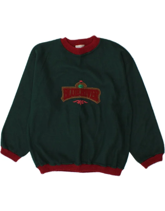 VINTAGE Mens Blue River Graphic Sweatshirt Jumper Medium Green Hoodie with Fur Luxurious Winter