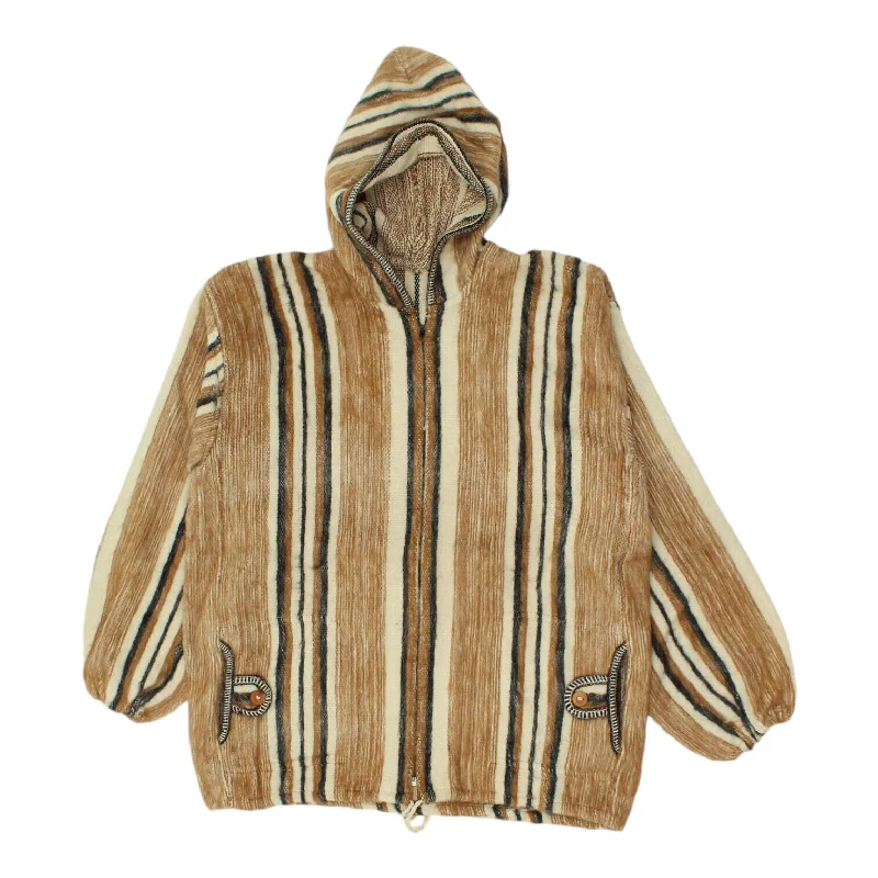 Vintage Mens Brown Striped Full Zip Hoodie | Boho Hippy Poncho Style Hoody VTG Hoodie with High Neck Warm Protective