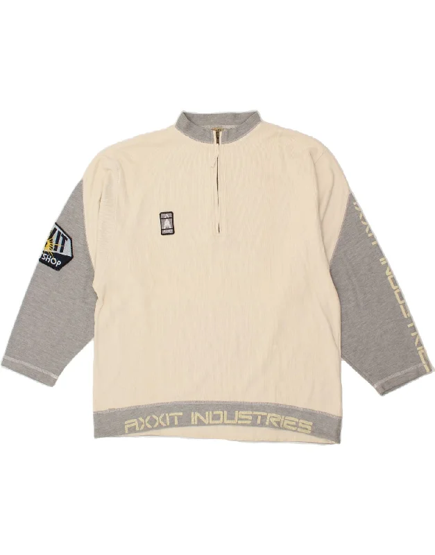 VINTAGE Mens Graphic Zip Neck Sweatshirt Jumper Large Beige Colourblock Hoodie with Color Block Contrast Stylish