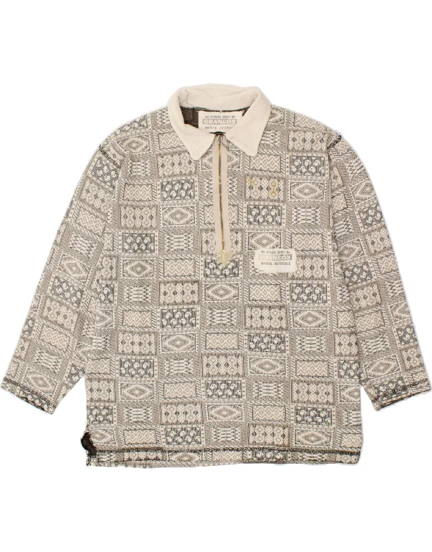 VINTAGE Womens Polo Neck Sweatshirt Jumper UK 16 Large Grey Patchwork Hoodie with Applique Textured Unique
