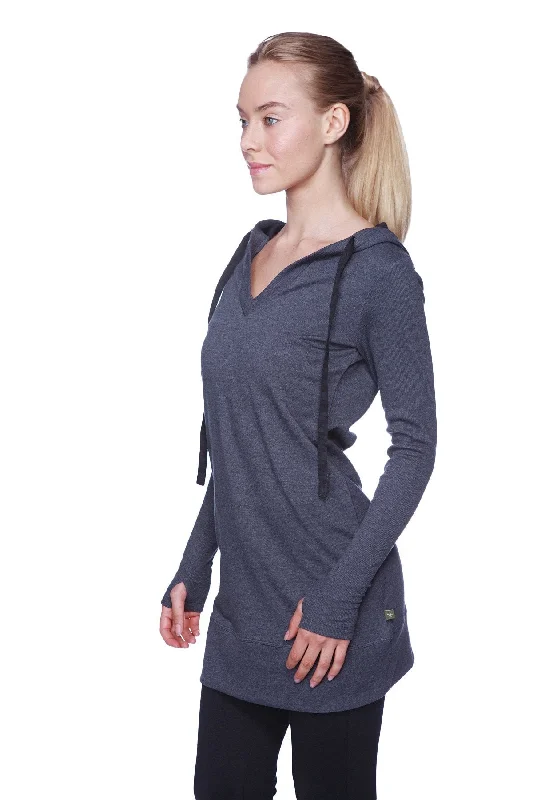 Women's Long Body Hoodie Top (Charcoal w/Black) Hoodie with Hem Fringe Bohemian Relaxed