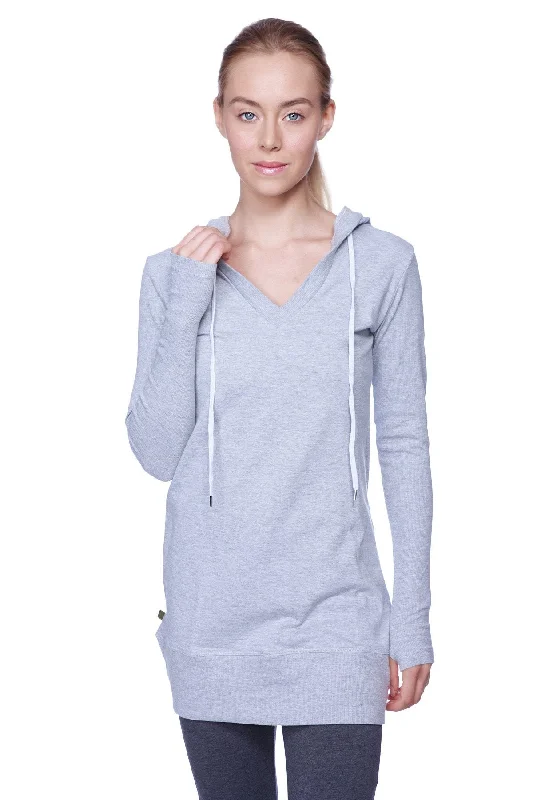 Women's Long Body Hoodie Top (Heather Grey w/Charcoal) Hoodie with Hem Elastic Stretchable Comfortable