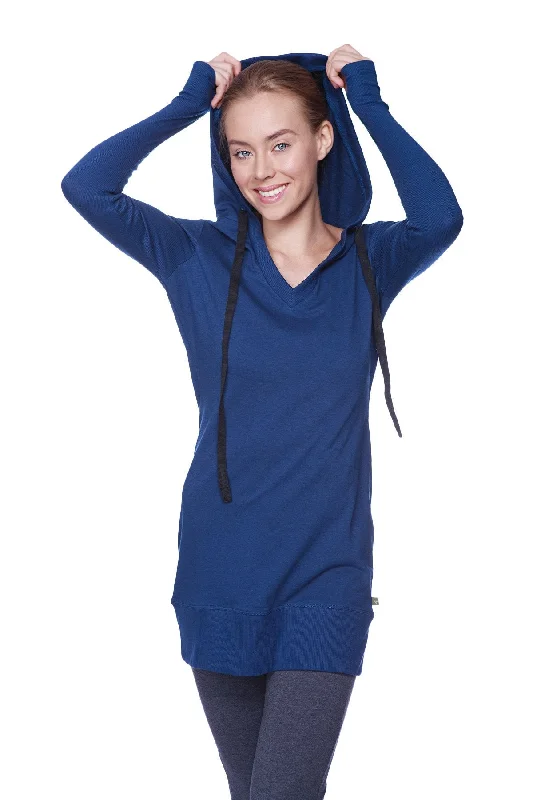 Women's Long Body Hoodie Top (Royal Blue w/Charcoal) Hoodie with Side Slits Relaxed Casual